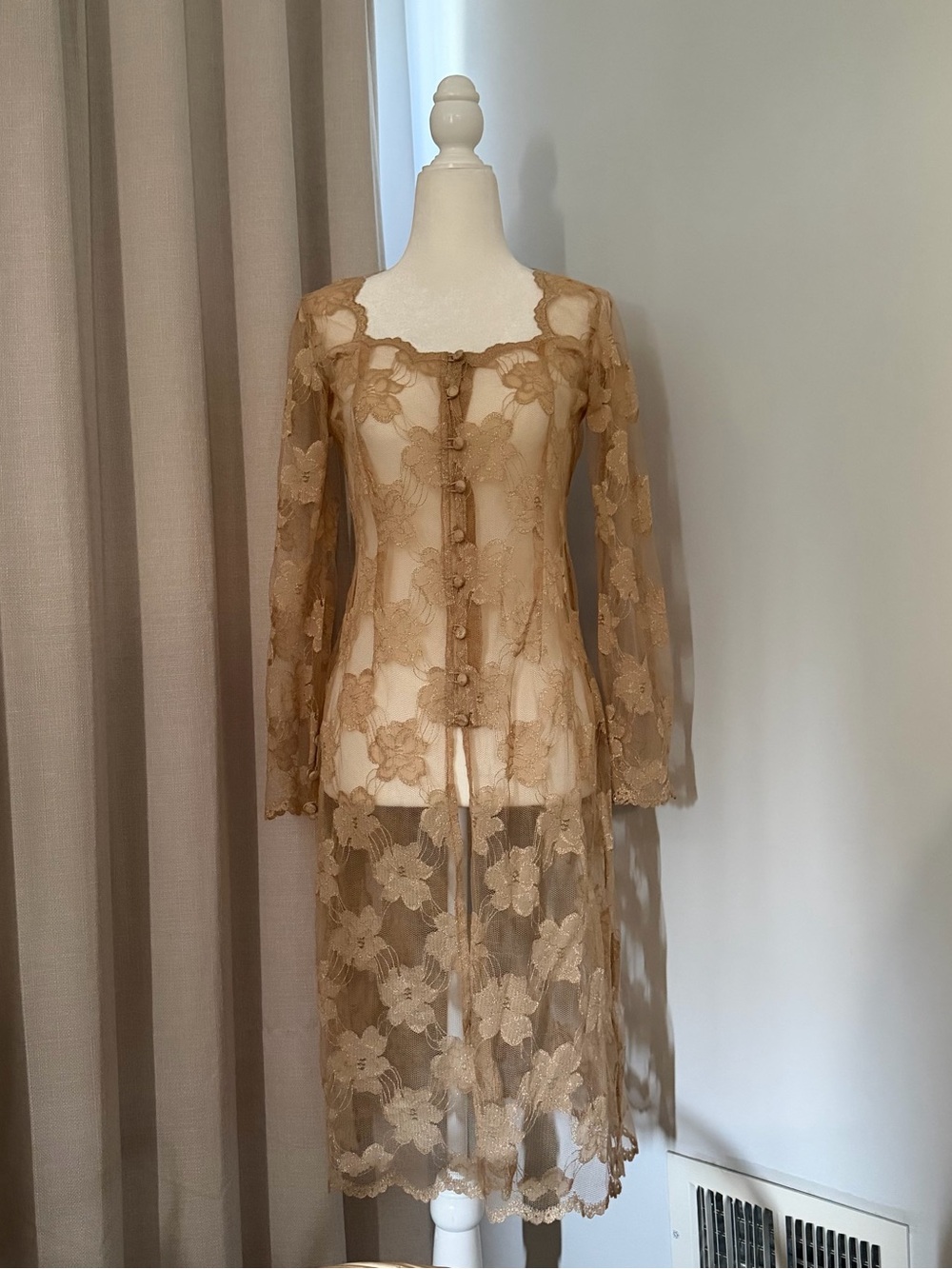 Boho Lace Mesh Duster Dress Sheer Floral Applique Romantic Festival Kimono